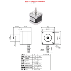 Motor de passo JK35HS34-1004 NEMA14 2 fases h&iacute;brido 1,8&deg; eixo redondo, cabo 300 mm