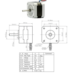 Motor de passo NEMA17 JK42HS34-0404, eixo redondo, 1,8&deg;