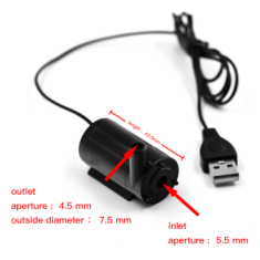 Bomba submers&iacute;vel mini 5V preta com USB e baixo ru&iacute;do