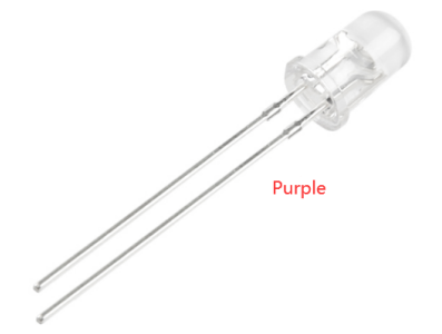 LED convencional 3 mm roxo, lente transparente (water clear), pernas 28 mm - Imagem 1