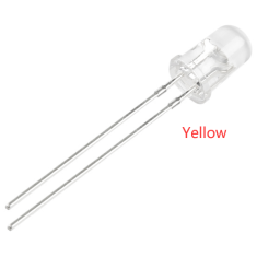 LED 3 mm amarelo, lente transparente (water clear), perna 18 mm