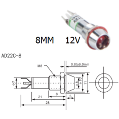 Sinaleiro Indicador LED Met&aacute;lico 12V Vermelho AD22C-8