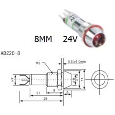 Indicador sinaleiro LED azul 24V AD22C-8 em metal