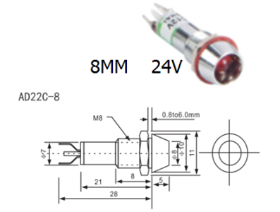 Indicador sinaleiro LED azul 24V AD22C-8 em metal - Imagem 1