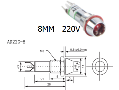 Sinaleiro Indicador LED AD22C-8 Vermelho 220V Metal - Imagem 1
