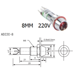 Indicador LED Azul AD22C-8 220V, corpo met&aacute;lico