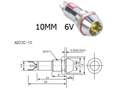Sinaleiro Indicador LED AD22C-10 6V branco, corpo met&aacute;lico - Imagem 1
