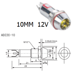 Sinaleiro Indicador LED Azul 12V AD22C-10 Corpo Met&aacute;lico