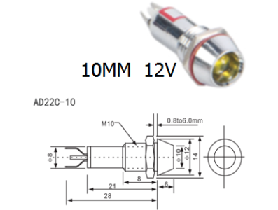 Sinaleiro Indicador LED Azul 12V AD22C-10 Corpo Met&aacute;lico - Imagem 1
