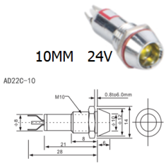 Sinaleiro indicador LED amarelo 24V AD22C-10 corpo met&aacute;lico