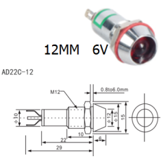 Indicador LED AD22C-12 6V vermelho corpo met&aacute;lico