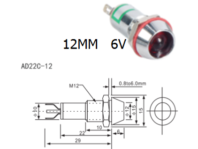 Indicador LED AD22C-12 6V vermelho corpo met&aacute;lico - Imagem 1