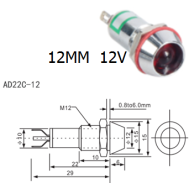 Sinaleiro LED verde 12V AD22C-12 corpo met&aacute;lico