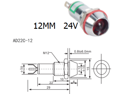Sinaleiro Indicador LED Verde 24V AD22C-12 Met&aacute;lico - Imagem 1