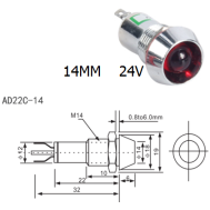 Indicador LED vermelho 24V AD22C-14, corpo met&aacute;lico