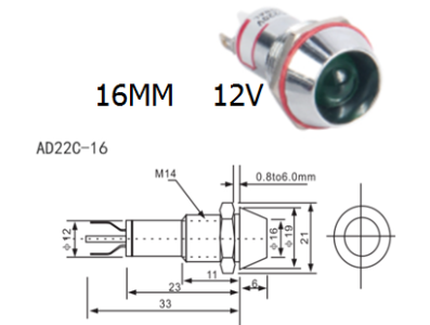 Indicador LED met&aacute;lico vermelho 12V AD22C-16 - Imagem 1