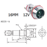 Indicador LED met&aacute;lico vermelho 12V AD22C-16