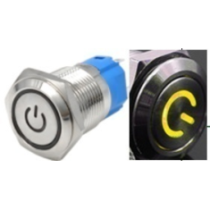 Interruptor bot&atilde;o met&aacute;lico para painel 12 mm cabe&ccedil;a plana com travamento (self-locking), &agrave; prova d'&aacute;gua e LED amarelo 3-6V