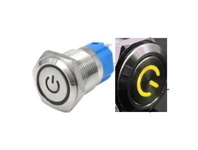 Interruptor bot&atilde;o met&aacute;lico para painel 12 mm cabe&ccedil;a plana com travamento (self-locking), &agrave; prova d'&aacute;gua e LED amarelo 3-6V - Imagem 1