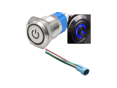 Interruptor pulsador met&aacute;lico de cabe&ccedil;a plana 12 mm 3-6V &agrave; prova d'&aacute;gua com trava autom&aacute;tica, LED azul e soquete de conex&atilde;o - Imagem 1