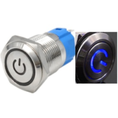 Interruptor bot&atilde;o met&aacute;lico 12 mm auto-travante 110-220V &agrave; prova d'&aacute;gua com LED azul