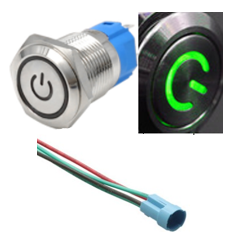 Interruptor de Bot&atilde;o Met&aacute;lico Cabe&ccedil;a Plana 12 mm 110-220V &Agrave; Prova d'&Aacute;gua Auto-travante com LED Verde e Conector Soquete para Bot