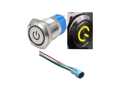 Interruptor de bot&atilde;o met&aacute;lico cabe&ccedil;a plana 12 mm 110-220 V &agrave; prova d'&aacute;gua, travamento por press&atilde;o, LED amarelo e soquete de cone - Imagem 1