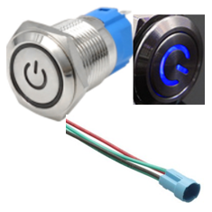 Interruptor de Bot&atilde;o Met&aacute;lico 12 mm Cabe&ccedil;a Plana Trava Autom&aacute;tica 110-220V &Agrave; Prova d'&Aacute;gua LED Azul com Soquete Conector