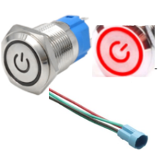 Bot&atilde;o de Press&atilde;o Met&aacute;lico 12 mm Cabe&ccedil;a Plana 110-220V Moment&acirc;neo com Retorno Autom&aacute;tico &Agrave; Prova d'&Aacute;gua, LED Vermelho e Soquete