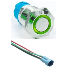 Interruptor bot&atilde;o met&aacute;lico cabe&ccedil;a plana 12 mm 110-220V &agrave; prova d'&aacute;gua com travamento autom&aacute;tico, LED verde e soquete conector