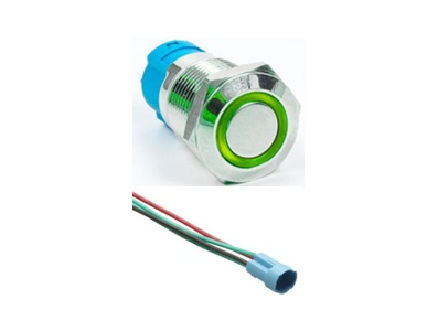 Bot&atilde;o Met&aacute;lico Cabe&ccedil;a Chata 12 mm 110-220V &agrave; prova d'&aacute;gua, moment&acirc;neo com retorno autom&aacute;tico, LED verde e soquete - Imagem 1