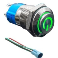 Interruptor de Painel &ndash; Bot&atilde;o Met&aacute;lico Cabe&ccedil;a Alta 12 mm 12-24V &agrave; Prova d'&Aacute;gua com Trava Autom&aacute;tica, LED Verde e Conector Soquet