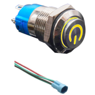 Bot&atilde;o pulsador met&aacute;lico cabe&ccedil;a alta 12 mm 12 a 24V &agrave; prova d'&aacute;gua com LED amarelo, trava auto-retentiva e soquete conector