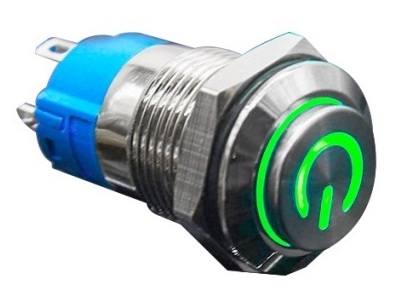 Interruptor de painel bot&atilde;o met&aacute;lico 12 mm cabe&ccedil;a alta 12 a 24 V moment&acirc;neo com LED verde &agrave; prova d'&aacute;gua e retorno autom&aacute;tico - Imagem 1