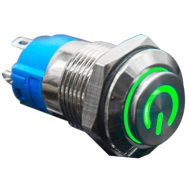 Interruptor de painel bot&atilde;o met&aacute;lico 12 mm cabe&ccedil;a alta 12 a 24 V moment&acirc;neo com LED verde &agrave; prova d'&aacute;gua e retorno autom&aacute;tico