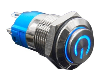 Bot&atilde;o de Press&atilde;o Met&aacute;lico 12 mm Cabe&ccedil;a Alta 12-24V Moment&acirc;neo com Retorno Autom&aacute;tico Imperme&aacute;vel e LED Azul - Imagem 1