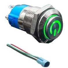 Interruptor bot&atilde;o met&aacute;lico 12 mm 12 a 24 V &agrave; prova d'&aacute;gua, moment&acirc;neo com retorno autom&aacute;tico e LED verde para painel