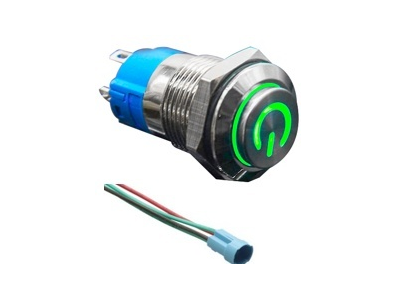 Bot&atilde;o de press&atilde;o met&aacute;lico cabe&ccedil;a alta 12 mm 110-220V &agrave; prova d'&aacute;gua com travamento autom&aacute;tico, LED verde e conector soquete - Imagem 1