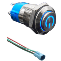 Bot&atilde;o de press&atilde;o met&aacute;lico cabe&ccedil;a alta 12 mm, 110-220 V, auto-bloqueio, &agrave; prova d'&aacute;gua, com LED azul e conector de soquete