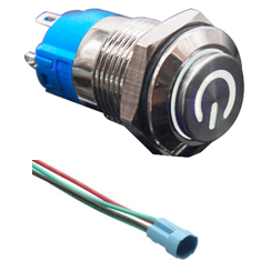 Bot&atilde;o Interruptor Met&aacute;lico 12 mm 110-220V &agrave; Prova d'&Aacute;gua com Trava Autom&aacute;tica, LED Branco e Soquete Conector