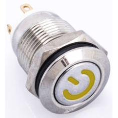Bot&atilde;o met&aacute;lico curto 12mm 220V moment&acirc;neo &agrave; prova d'&aacute;gua com retorno autom&aacute;tico e LED amarelo