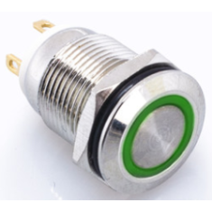 Bot&atilde;o pulsador met&aacute;lico 12 mm cabe&ccedil;a plana curta 6-24 V &agrave; prova d'&aacute;gua moment&acirc;neo com auto-retorno e LED verde