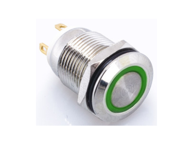 Bot&atilde;o pulsador met&aacute;lico 12 mm cabe&ccedil;a plana curta 6-24 V &agrave; prova d'&aacute;gua moment&acirc;neo com auto-retorno e LED verde - Imagem 1