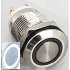 Bot&atilde;o de press&atilde;o met&aacute;lico 12 mm cabe&ccedil;a plana curta moment&acirc;neo autoretornante 6 a 24 V &agrave; prova d'&aacute;gua com LED branco