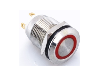 Bot&atilde;o met&aacute;lico moment&acirc;neo 12 mm 220 V, cabe&ccedil;a plana curta, &agrave; prova d'&aacute;gua, retorno autom&aacute;tico, LED vermelho - Imagem 1