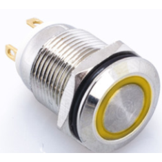 Bot&atilde;o de painel met&aacute;lico 12 mm, cabe&ccedil;a curta e plana, 220 V, moment&acirc;neo com retorno autom&aacute;tico, &agrave; prova d'&aacute;gua, LED amarelo