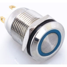 Bot&atilde;o de painel met&aacute;lico 12 mm 220 V, moment&acirc;neo, perfil curto cabe&ccedil;a plana, &agrave; prova d'&aacute;gua, com LED azul e auto reset