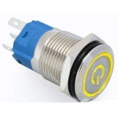 Bot&atilde;o de press&atilde;o met&aacute;lico de painel cabe&ccedil;a plana 16 mm, com travamento, &agrave; prova d'&aacute;gua, LED amarelo 3-6 V