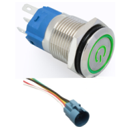 Bot&atilde;o pulsador met&aacute;lico para painel 16 mm cabe&ccedil;a plana 3-6 V imperme&aacute;vel com trava de bloqueio, LED verde e soquete de conex&atilde;o