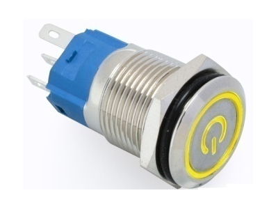 Bot&atilde;o Met&aacute;lico de Press&atilde;o Cabe&ccedil;a Plana 16 mm 12-24V Retentivo &Agrave; Prova d'&Aacute;gua com LED Amarelo - Imagem 1